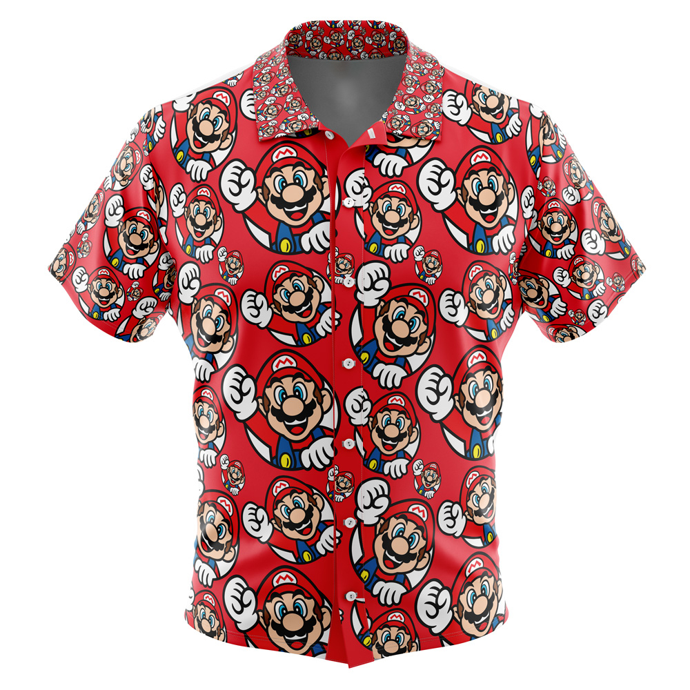 Mario Super Mario Men's Short Sleeve Button Up Hawaiian Shirt