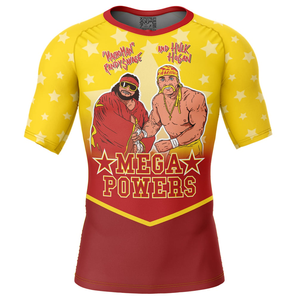 Hooktab Mega Powers Macho Man and Hulk Hogan Pop Culture Short Sleeve Rash Guard Compression Shirt Cosplay Anime Gym Shirt