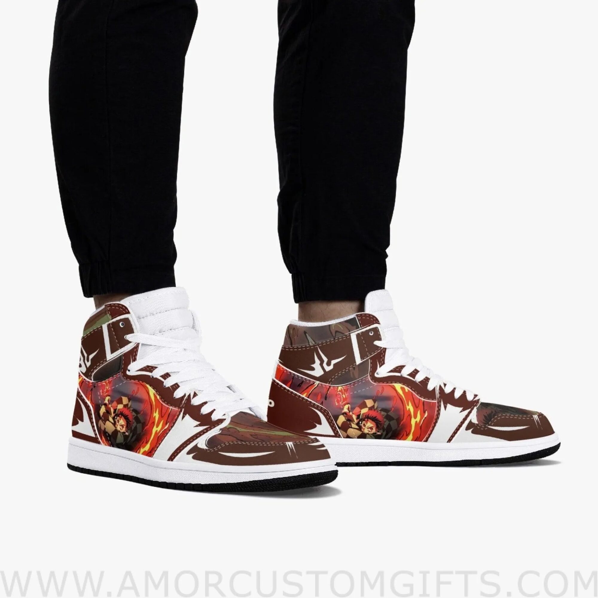 Custom Demon Slayer Tanjiro Brown White JD1 Anime Sneakers Mid 1 Basketball Shoes