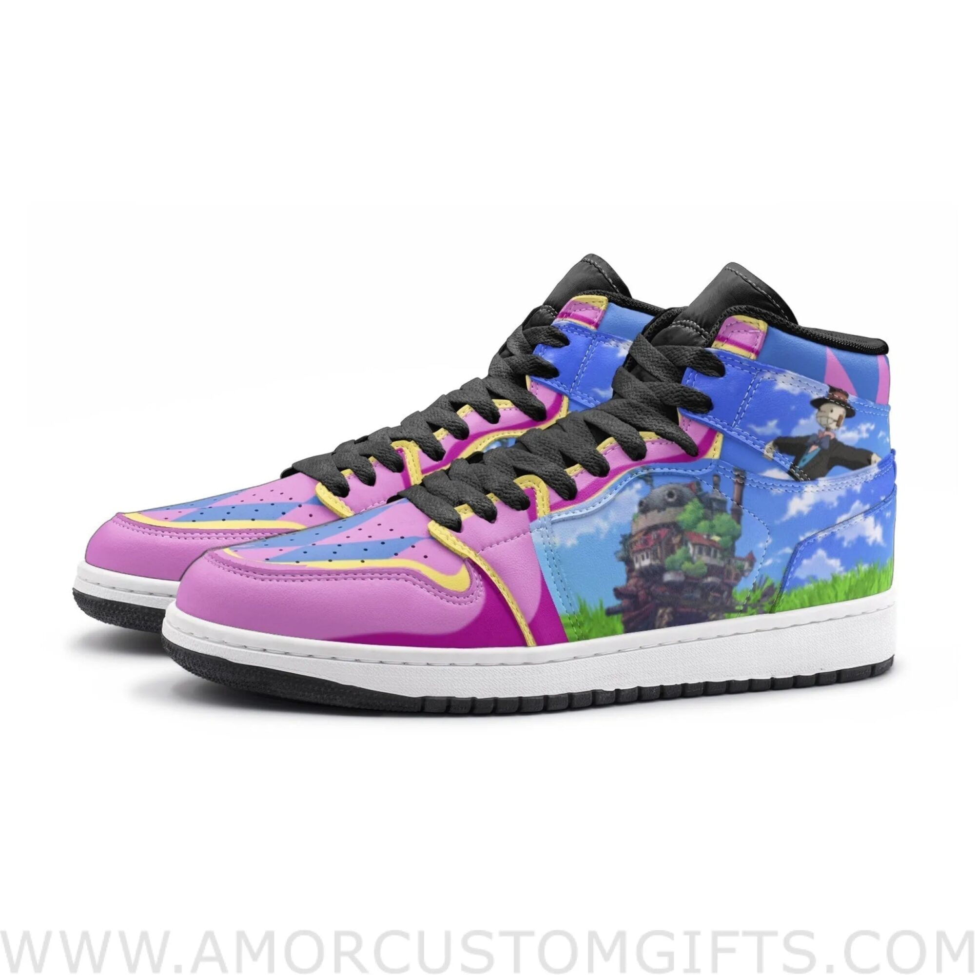 Custom Howl and Sophie Howl’s Moving Castle Mid Top Basketball Sneakers Shoes | Personalizable Anime Fan Sneakers