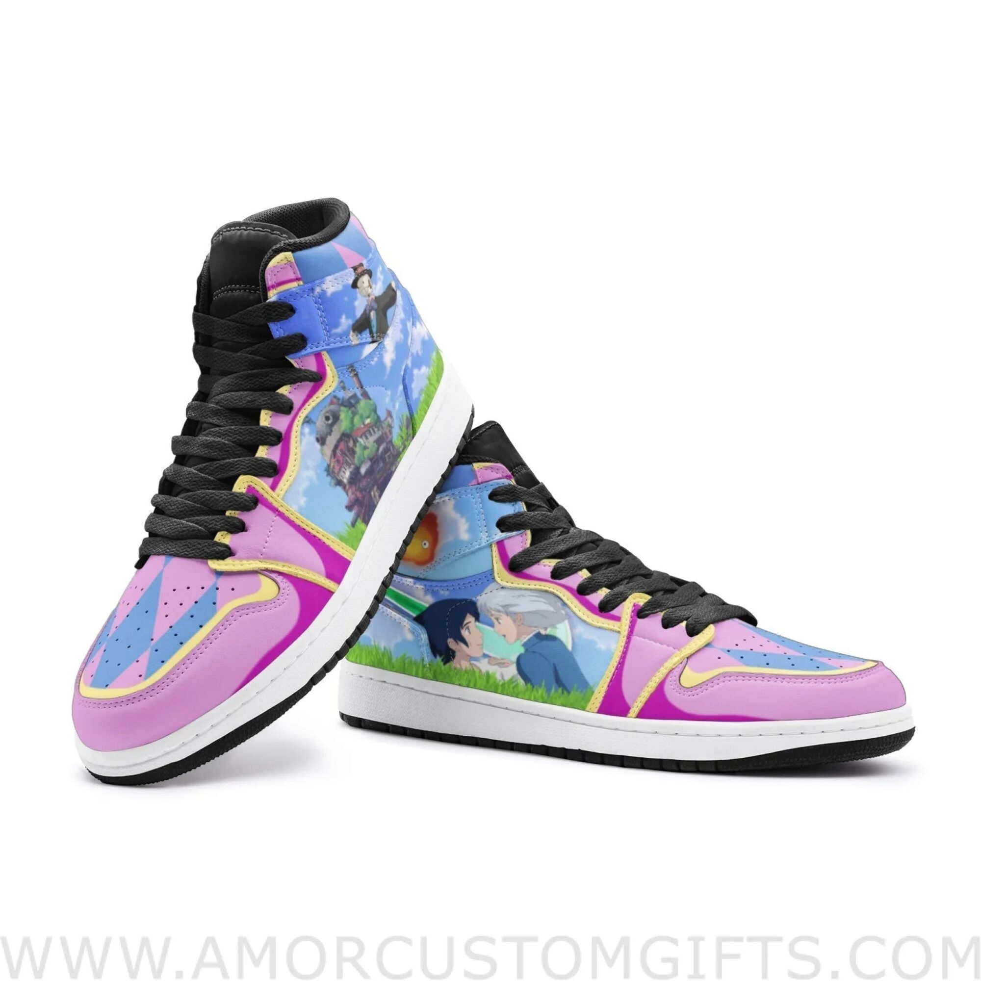 Custom Howl and Sophie Howl’s Moving Castle Mid Top Basketball Sneakers Shoes | Personalizable Anime Fan Sneakers