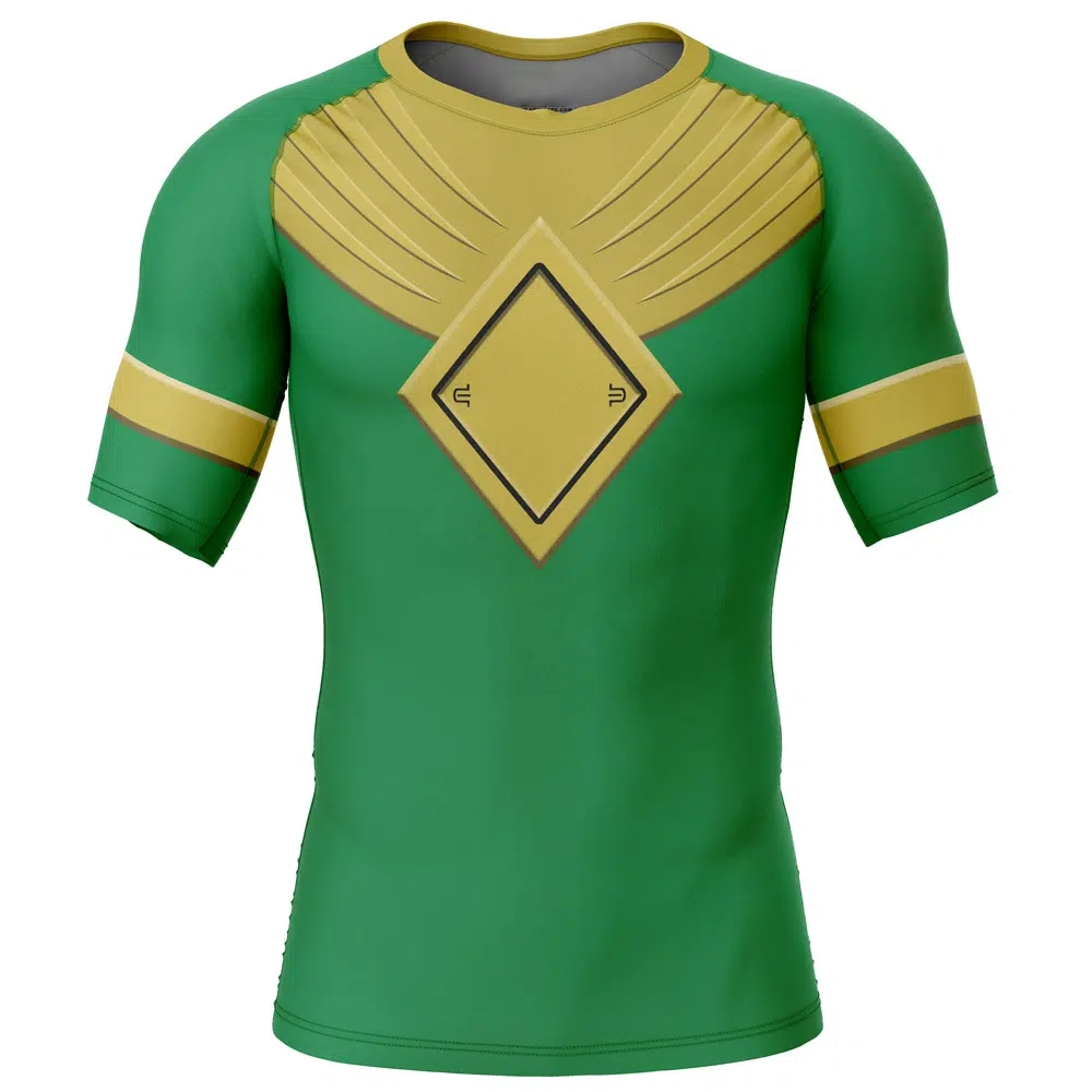 Hooktab Green Ranger Gold Shield Mighty Morphin Power Rangers Short Sleeve Rash Guard Compression Shirt Cosplay Anime Gym Shirt