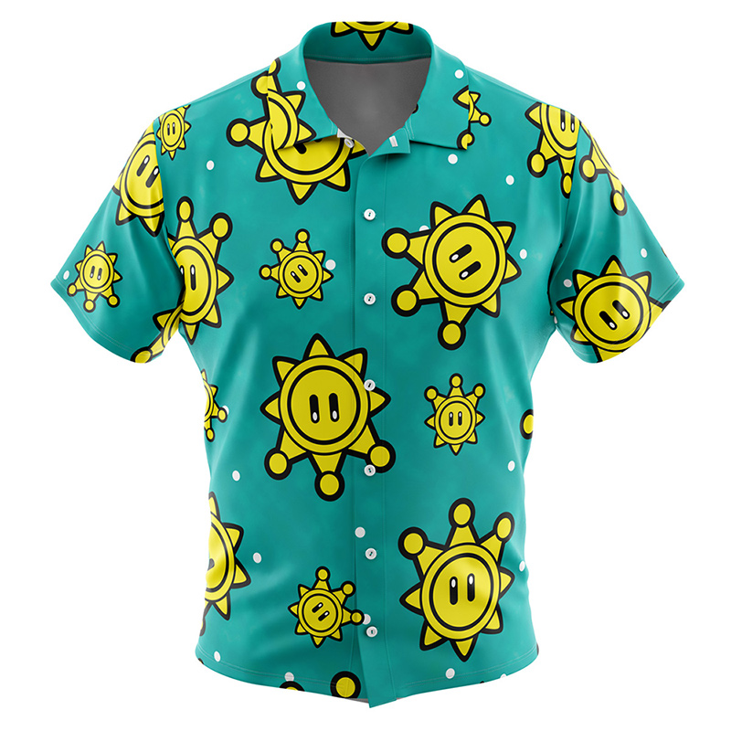 Shine Sprite Pattern Super Mario Men's Short Sleeve Button Up Hawaiian Shirt