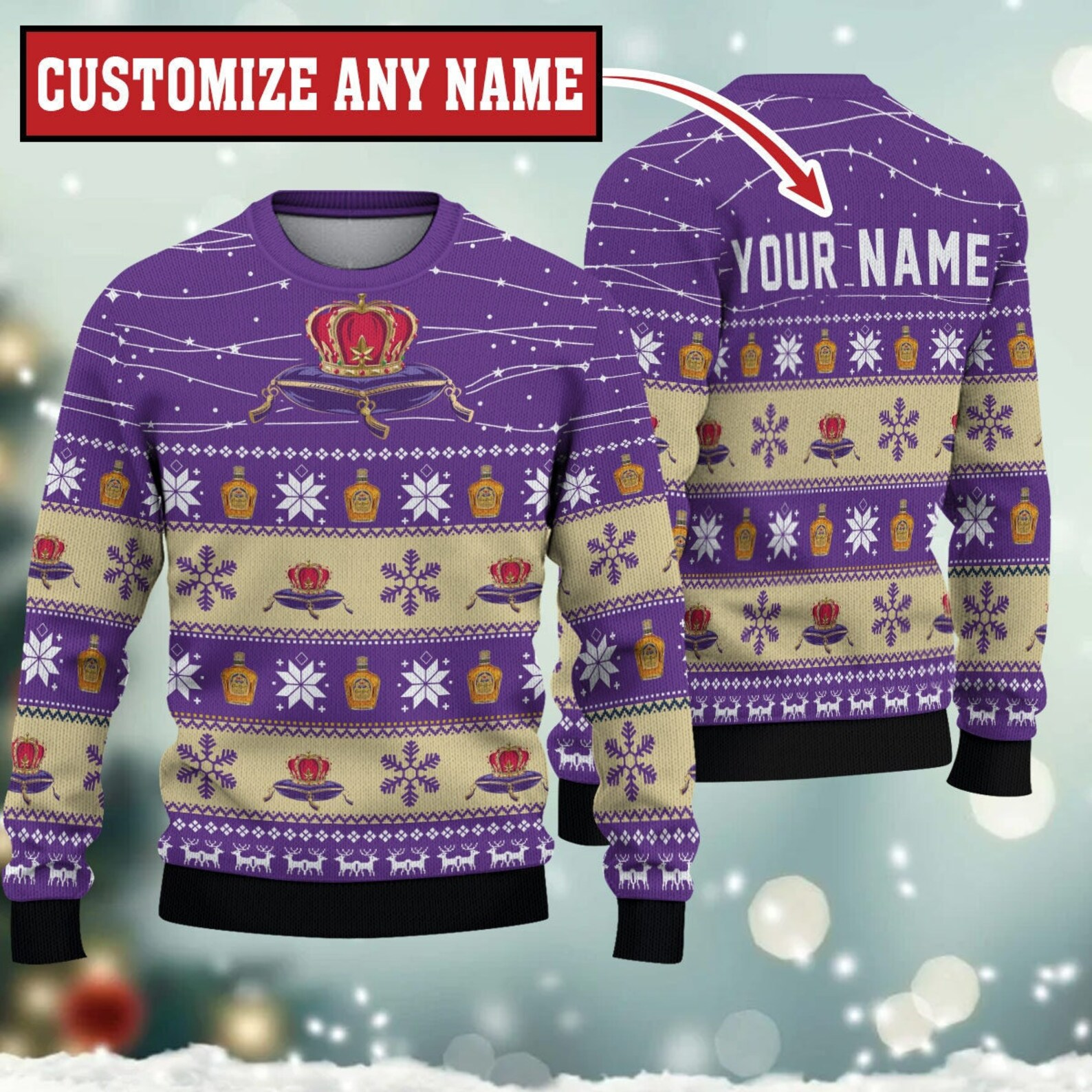 Personalized Crown Royal Twinkle Light For Christmas Gifts Ugly Xmas Wool Knitted Sweater Merry Xmas 3D Ugly Sweater